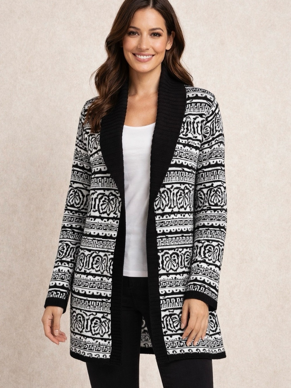Cable & Gauge Black and White Patterned Open-Front Shawl Collar Cardigan